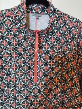 T By Talbots Coral & Teal Geometric Quarter-Zip Pullover